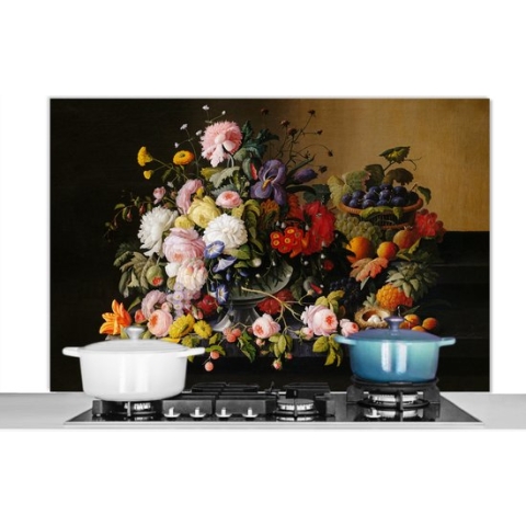 Spatscherm - Kunst - Oude meesters - Bloemen - Fruit - Stilleven - Keuken - Muurbeschermer - Spatwand - 120x80 cm