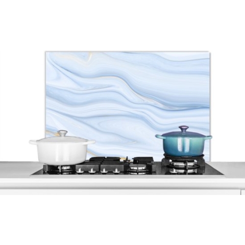 Spatscherm Keuken - Kookplaat Achterwand - Spatwand Fornuis - 80x55 cm - Marmer - Golf - Blauw - Patronen - Marmerlook - Pastel - Aluminium - Wanddecoratie - Muurbeschermer - Hittebestendig