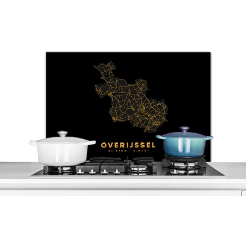 Spatscherm Keuken - Kookplaat Achterwand - Spatwand Fornuis - 90x60 cm - Overijssel - Wegenkaart Nederland - Goud - Aluminium - Wanddecoratie - Muurbeschermer - Hittebestendig