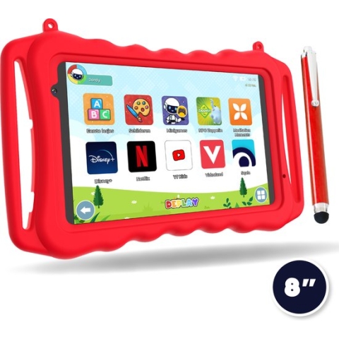 DEPLAY Kids Tablet SMART - Kindertablet - Speelgoed 3 jaar - 5000 mAh Batterij - Pen, Beschermhoes & Screenprotector- Android 13 – 8 Inch kinder tablet - Rood