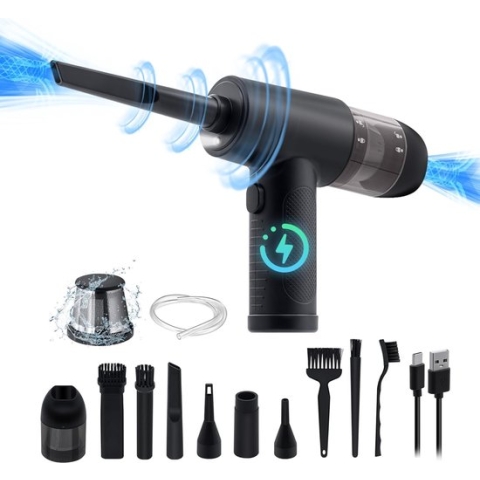2 in 1 Air Duster Pro elektrische stofzuiger, 6000mAh oplaadbare handheld stofzuiger ondersteuning Power Display 43000/47000/51000rpm snelheid/8 mondstukken & borstel voor kantoor/auto/sofa