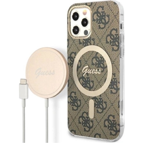 Bescherming Guess Case + Charger Set iPhone 12/12 Pro brown hard case 4G Print MagSafe