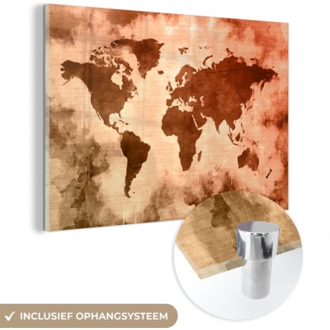 MuchoWow® Glasschilderij - Wereldkaart - Rood - Bruin - 150x100 cm - Acrylglas Schilderijen - Foto op Glas