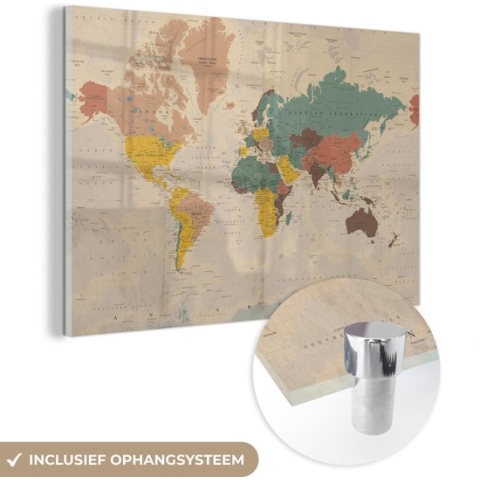 MuchoWow® Glasschilderij - Wereldkaart - Vintage - Atlas - Kind - Jongetjes - Meid - 180x120 cm - Acrylglas Schilderijen - Foto op Glas