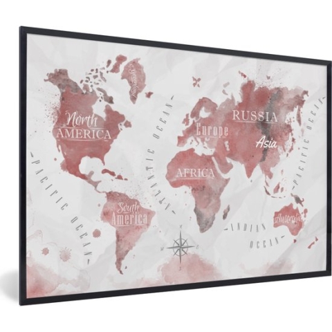 Fotolijst incl. Poster - Wereldkaart - Verf - Roze - 90x60 cm - Posterlijst