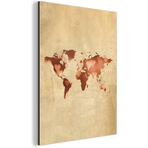 Wanddecoratie Metaal - Aluminium Schilderij Industrieel - Wereldkaart - Hart - Bruin - 120x160 cm - Dibond - Foto op aluminium - Industriële muurdecoratie - Voor de woonkamer/slaapkamer