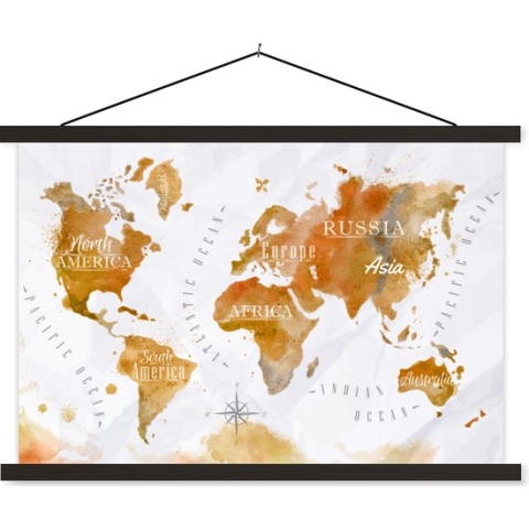 Posterhanger incl. Poster - Schoolplaat - Wereldkaart - Bruin - Verf - 150x100 cm - Zwarte latten