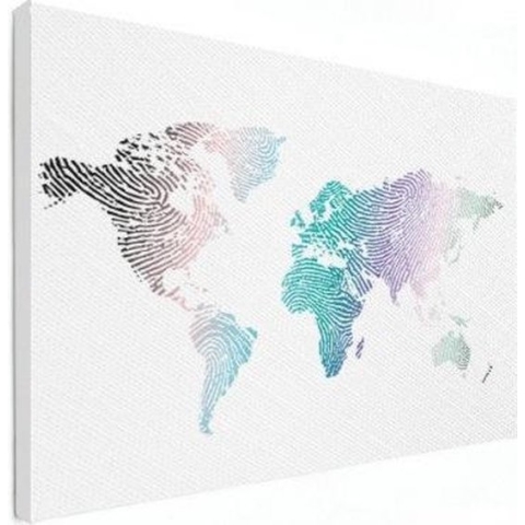 Wereldkaart Finger Prints Gekleurd - Canvas 60x40