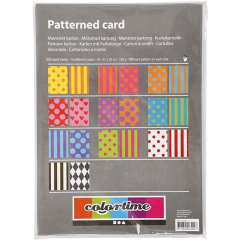 Bedrukt Karton, A4, 210x297 mm, 250 gr, diverse kleuren, 200 div vellen/ 1 doos