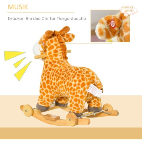 HOMCOM Schommelpaard 2-in1 schommeldier babyschommel speelgoed kinderen tonen wielen geel 330-136