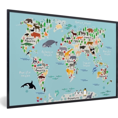 Poster in lijst voor kinderen - Schilderij kids - Wanddecoratie kinderkamer - Wereldkaart - Kinderen - Dieren - Blauw - Orka - Walvis - 90x60 cm