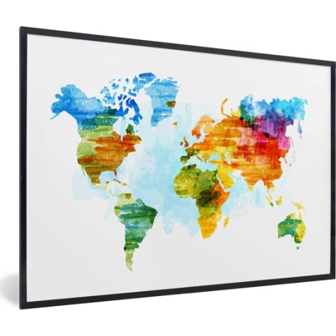 Fotolijst incl. Poster - Wereldkaart - Waterverf - Regenboog - Kinderen - Jongens - Meisjes - 90x60 cm - Posterlijst
