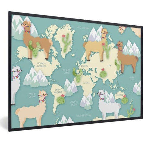 Fotolijst incl. Poster - Wereldkaart - Alpaca - Bergen - 90x60 cm - Posterlijst