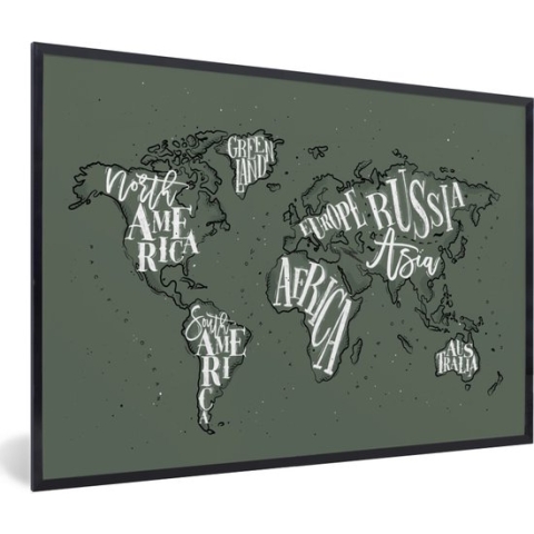 Fotolijst incl. Poster - Wereldkaart - Grijs - Wit - 90x60 cm - Posterlijst