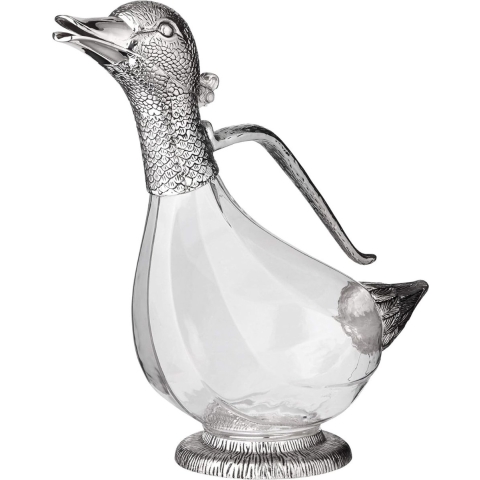 Decanteer Karaf - Stijlvolle Elegance: Decanteerbare Rode Wijn Karaf in Eendenvorm - Hoogte 26 cm, Inhoud 0,9 liter, Verrijkt met Edel Verzilverde Elementen en Voorzien van Schenktuit [Energieklasse A]
