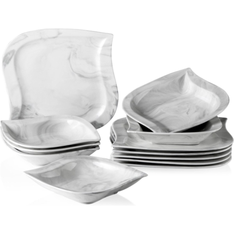 Happyment Luxe Serviesset - 6 Persoons - Porselein - 12 Delig - Bordenset 6 persoons - Bordenset 12 delig - Marmer
