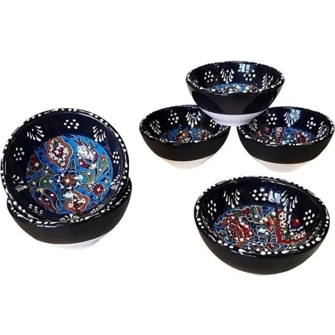 Kleine set van 6 keramische kommen - Serveerkommen voor tapas, dips, desserts, snacks, sushi en meer - Kleurrijke en individueel ontworpen handgemaakte kommen - 80 ml, diameter 8 cm (Iznik Set Zwart)