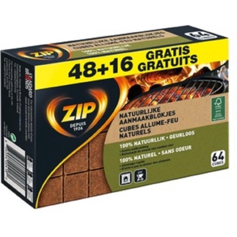 ZIP Aanmaakblokjes Natuurlijk en Geurloos - 4 x 64 stuks = 256 stuks + Aansteker Lang