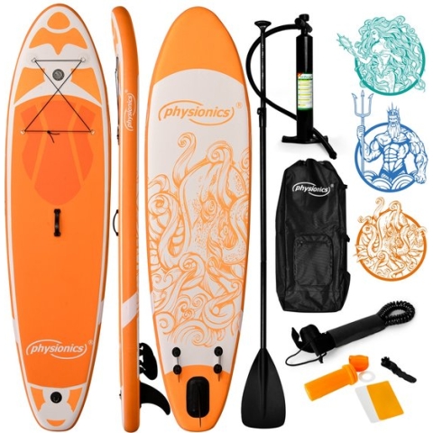 Physionics - Stand Up Paddle Board - 305cm - Opblaasbaar SUP Board - Verstelbare Peddel - Handpomp met Manometer - Rugzak - Reparatieset - Paddle Board - Surfboard - Kraken Oranje
