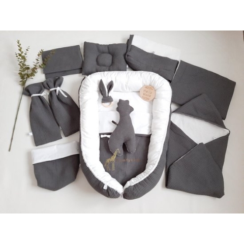 Babyset | babynest set | grijs | Wafelkatoen | 15-delig | Compleet set | Oeko-tex | +GRATIS DRAAGBARE ELEKTRISCHE BORSTKOLF t.w.v. €89,99
