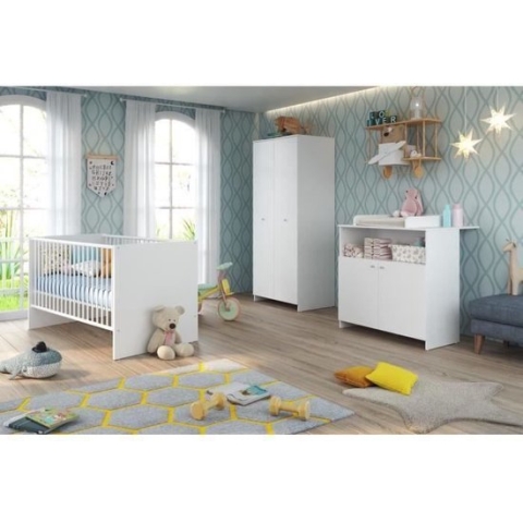 TREND TEAM - Trio babykamer : Bed 70 x 140 cm + commode + NIKO kleerkast - Wit