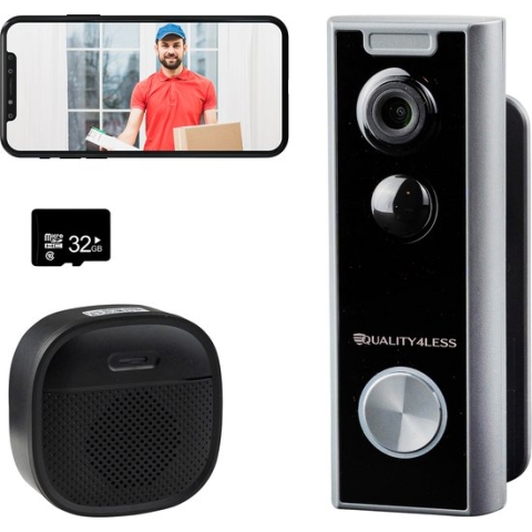Quality4Less™ - Slimme Draadloze Video Deurbel met camera - Inclusief draadloze gong en 32GB SD-Kaart - 1080P Full HD - Wifi deurbel - Geen betaald abonnement nodig
