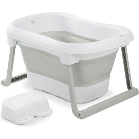 Hauck babybadje met krukje Wash N Fold L, babybadje inklapbaar voor baby’s tot 18 kg, wit grijs-groen