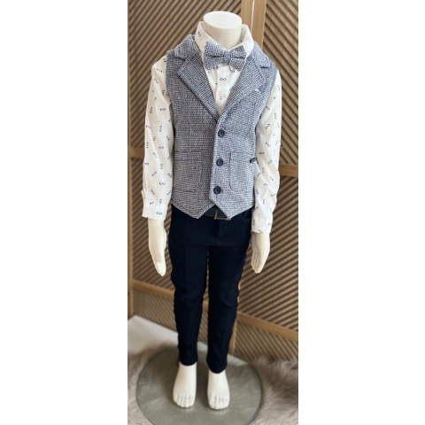 luxe jongens kostuum-kinderpak- kinderkostuum-3 delige set -wit marineblauw bedrukte vest, broek, bedrukte hemd, vlinderstrik-bruidsjonkers-bruiloft-feest-verjaardag-fotoshoot- 3 jaar