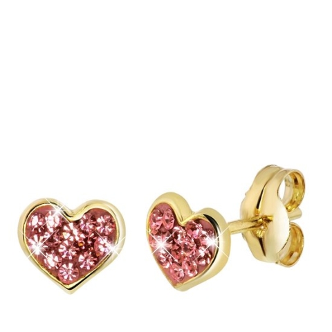 Lucardi Meisjes Oorknop - Hart - Kristal - Cadeau - 14 Karaat Goud - Geelgoud