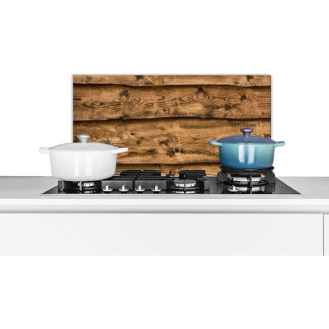 Spatscherm Keuken - Kookplaat Achterwand - Spatwand Fornuis - 70x30 cm - Vintage - Bruin - Planken - Houten - Aluminium - Wanddecoratie - Muurbeschermer - Hittebestendig