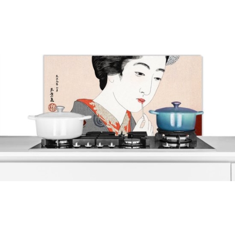 Spatscherm Keuken - Kookplaat Achterwand - Spatwand Fornuis - 90x45 cm - Vrouw - Make up - Japans - Aluminium - Wanddecoratie - Muurbeschermer - Hittebestendig