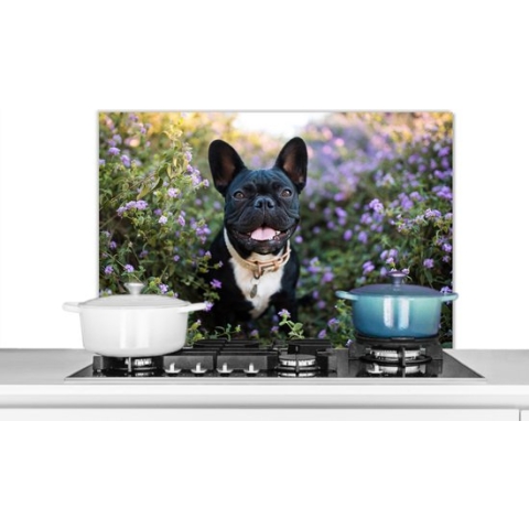 Spatscherm Keuken - Kookplaat Achterwand - Spatwand Fornuis - 90x60 cm - Franse Bulldog - Bloemen - Paars - Aluminium - Wanddecoratie - Muurbeschermer - Hittebestendig