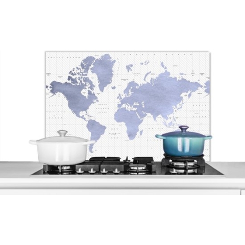 Spatscherm Keuken - Kookplaat Achterwand - Spatwand Fornuis - 80x55 cm - Wereldkaart - Blauw - Zee - Aluminium - Wanddecoratie - Muurbeschermer - Hittebestendig