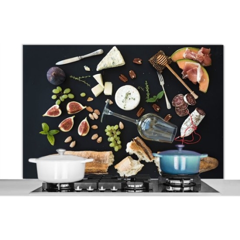 Spatscherm Keuken - Kookplaat Achterwand - Spatwand Fornuis - 120x80 cm - Wijn - Fruit - Kaas - Aluminium - Wanddecoratie - Muurbeschermer - Hittebestendig