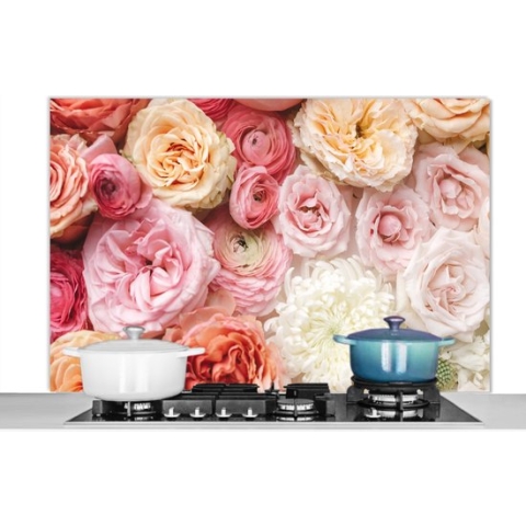 Spatscherm Keuken - Kookplaat Achterwand - Spatwand Fornuis - 120x80 cm - Bloemen - Rozen - Roze - Aluminium - Wanddecoratie - Muurbeschermer - Hittebestendig