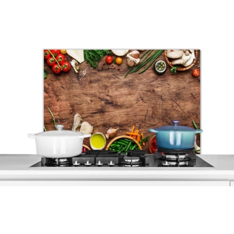 Spatscherm Keuken - Kookplaat Achterwand - Spatwand Fornuis - 80x55 cm - Kruiden - Groente - Rustiek - Aluminium - Wanddecoratie - Muurbeschermer - Hittebestendig