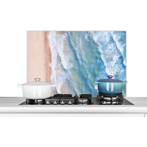 Spatscherm Keuken - Kookplaat Achterwand - Spatwand Fornuis - 80x55 cm - Strand - Water - Zee - Aluminium - Wanddecoratie - Muurbeschermer - Hittebestendig