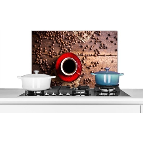 Spatscherm Keuken - Kookplaat Achterwand - Spatwand Fornuis - 70x50 cm - Koffie - Koffiebonen - Espresso - Aluminium - Wanddecoratie - Muurbeschermer - Hittebestendig