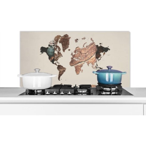 Spatscherm Keuken - Kookplaat Achterwand - Spatwand Fornuis - 100x50 cm - Wereldkaart - Boom - Hout - Aluminium - Wanddecoratie - Muurbeschermer - Hittebestendig