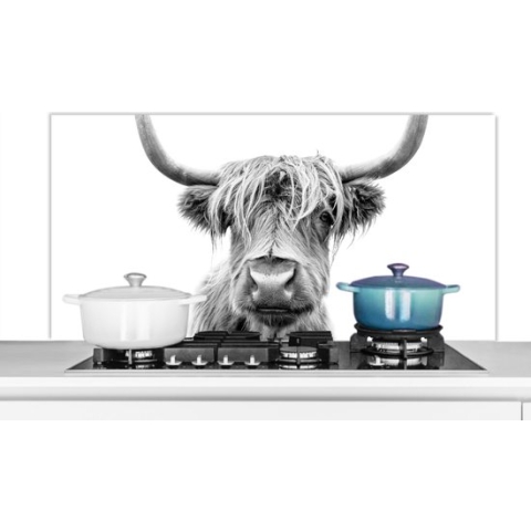 Spatscherm Keuken - Kookplaat Achterwand - Spatwand Fornuis - 120x60 cm - Schotse hooglander - Stier - Dieren - Zwart - Wit - Aluminium - Wanddecoratie - Muurbeschermer - Hittebestendig