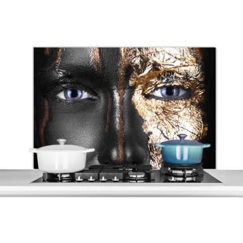 Spatscherm Keuken - Kookplaat Achterwand - Spatwand Fornuis - 100x65 cm - Vrouw - Bladgoud - Zwart - Goud - Luxe - Aluminium - Wanddecoratie - Muurbeschermer - Hittebestendig