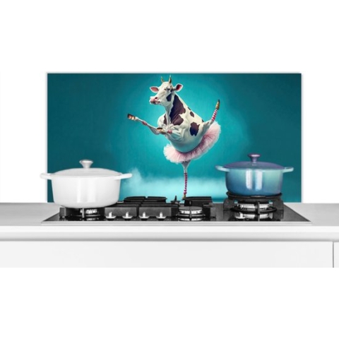 Spatscherm Keuken - Kookplaat Achterwand - Spatwand Fornuis - 100x50 cm - Koe - Ballet - Portret - Blauw - Dieren - Kind - Aluminium - Wanddecoratie - Muurbeschermer - Hittebestendig
