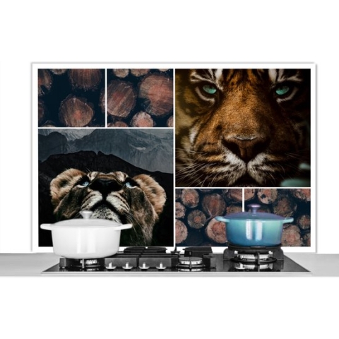 Spatscherm Keuken - Kookplaat Achterwand - Spatwand Fornuis - 120x80 cm - Collage - Tijger - Hout - Aluminium - Wanddecoratie - Muurbeschermer - Hittebestendig