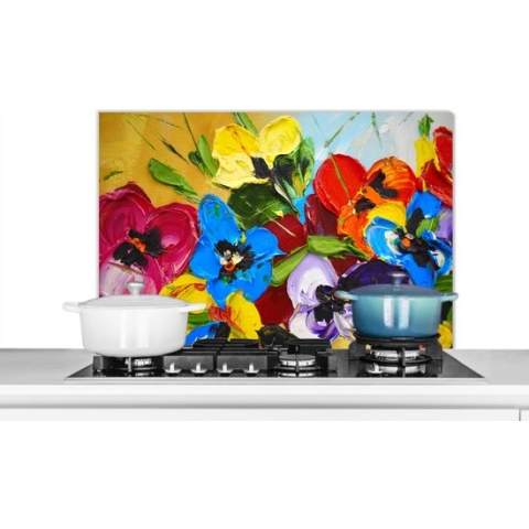 Spatscherm Keuken - Kookplaat Achterwand - Spatwand Fornuis - 80x55 cm - Olieverf - Schilderij - Bloemen - Aluminium - Wanddecoratie - Muurbeschermer - Hittebestendig