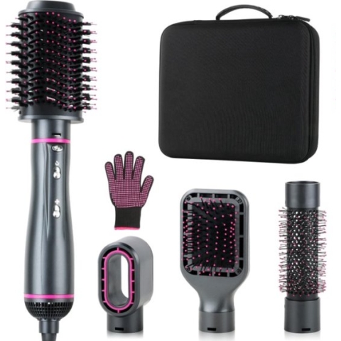 5-in-1 multifunctionele föhnborstel, heteluchtborstel met keramische coating, 4 afneembare styling-opzetstukken, voor föhnen, gladmaken, krullen en volumizer