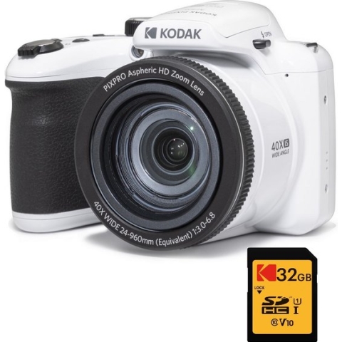 KODAK Pack Bridge Numérique Pixpro Astro Zoom AZ405 + Carte SDHC Kodak Ultra High Speed U1 32GB - Appareil Photo 20 mégapixels, Zoom X40, Grand Angle, LCD, Vidéo Full HD 1080p, OIS, Pile AA - Blanc