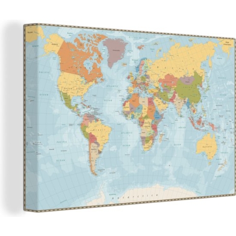 Canvas Wereldkaart - 120x80 - Wanddecoratie Wereldkaart - Kleuren - Atlas