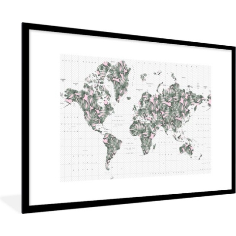 Fotolijst incl. Poster - Wereldkaart - Planten - Roze - 90x60 cm - Posterlijst