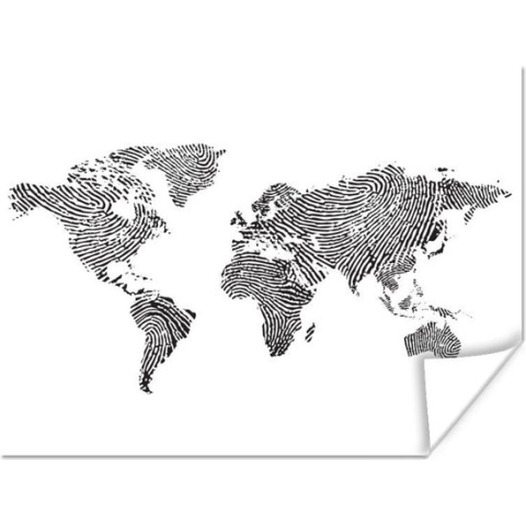 Poster Wereldkaart - Vingerafdruk - Zwart - Wit - 160x120 cm XXL