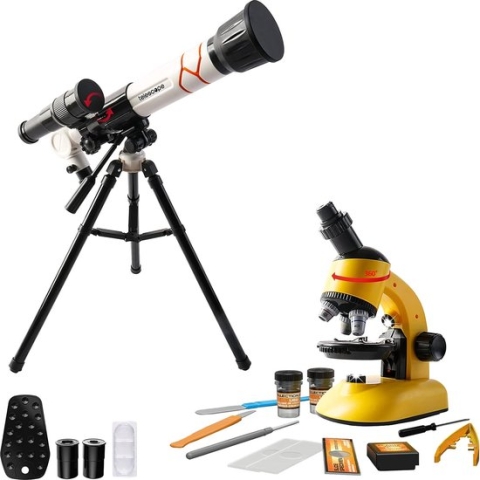 Microscoop en Telescoop Set voor Kinderen - Ontdekkingsreis in Microkosmos en Astronomie - Educatief Speelgoed voor Jonge Wetenschappers - Vergrotingen tot 1200x - Telescoop voor Sterrenkijken - Inclusief Accessoires en Verlichting - STEM Speelgoed